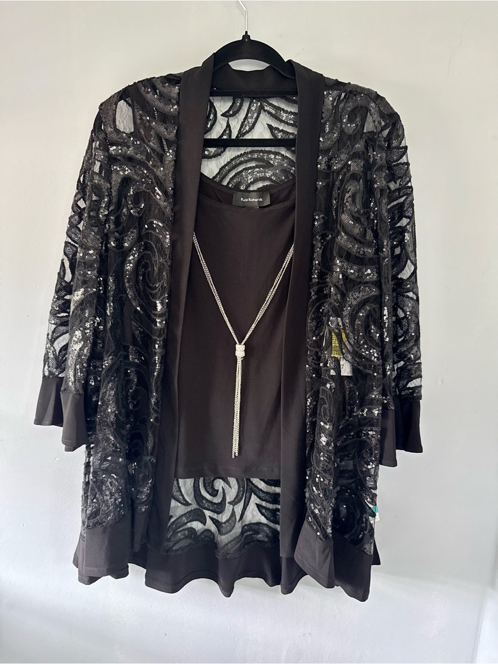 R&M Richards Black Sequin Mesh Open-Front Cardigan